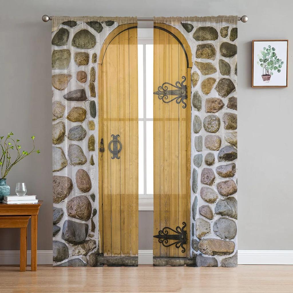 Farm Barn Wooden Door Tulle Curtains for Living Room Print Sheer Voile Curtain Bedroom Window Screening Drapes Blinds Home Decor