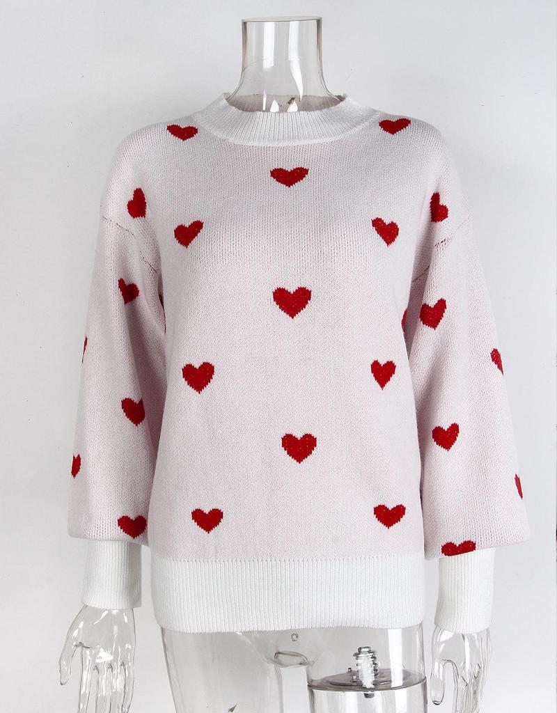Heart Jacquard Round Neck Pullover Sweater for Women - Autumn/Winter Valentine's Day Style
