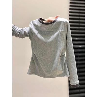 Pleated Waist-Cinched Color Block Long Sleeve Women's Top - Round Neck, Stylish and Chic for Autumn, Winter, and Spring