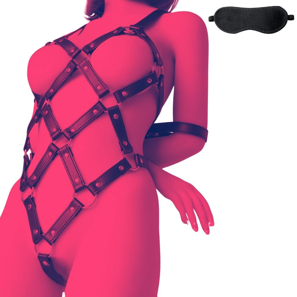 MONEON SM Bondage Set for Tortoiseshell Pie Slash Body Faux Leather and Eye Mask Women, Belt, Harness, Handcuffs,