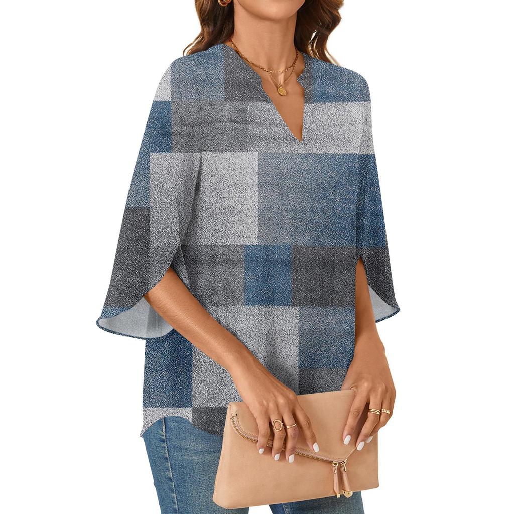 Womens Tops 3/4 Tiered Bell Sleeve V Neck Geometry Printed  Blouses Work Tunic Shirts