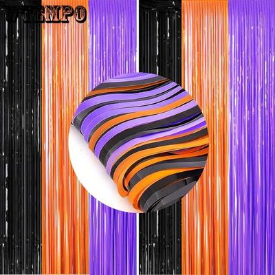 2pcs Orange Purple Black Metallic Tinsel Foil Fringe Curtains Photo Booth Props for Halloween Birthday Bridal Shower Holiday Party Decorations