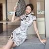 Women's Retro Chinese Style Cheongsam Print Button-Up Dress, Summer Slit, Sexy Waist-Cinched Short Dress
