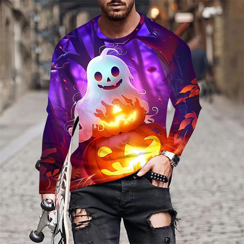 Autumn Round Neck Halloween Ghost and Pumpkin Pattern 3D Printed Top Fashionable Casual Long Sleeved Men's T-shirts