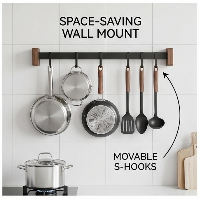 Soporte de Pared de Madera de Nogal Negro Premium Estante de Almacenamiento de Cocina sin Taladro Cuchillo Multifuncional Palillos Utensilio