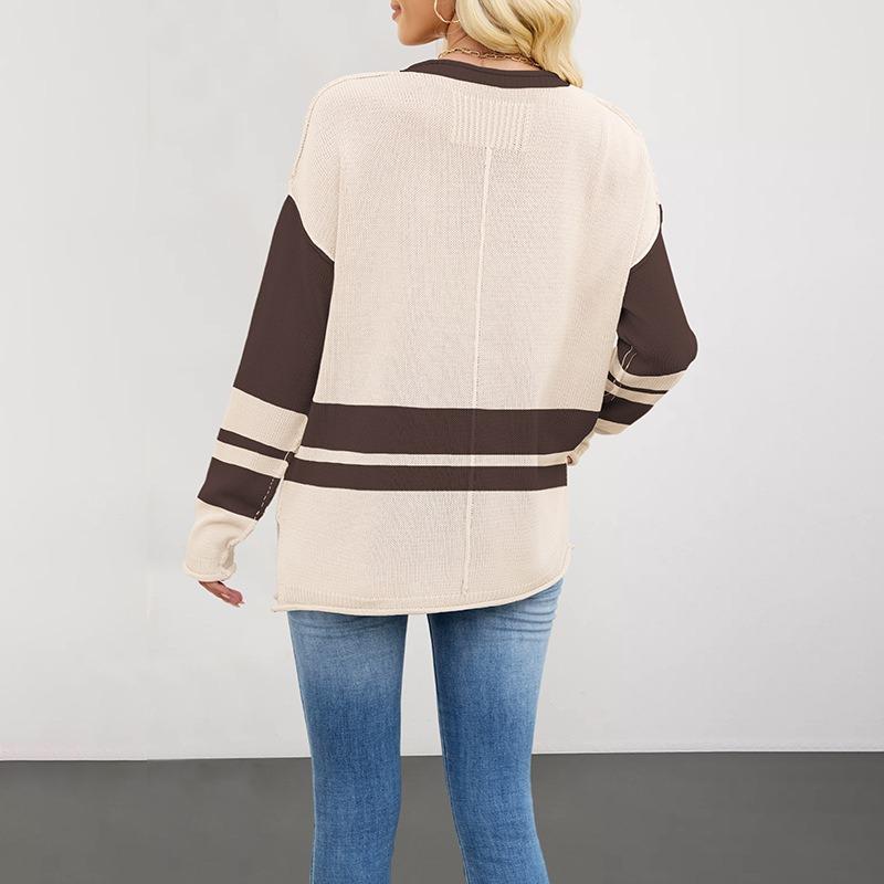 Women's Fashion Casual Fall Winter Colour Block Print Long Sleeve O-Neck Tops Women's Clothing Woolen Knitwear Sweaters