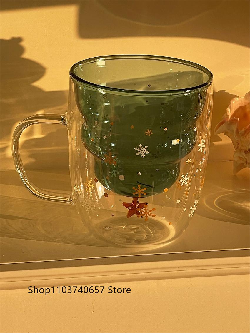 Korean Style Ins Christmas Tree Glass Water Cup Double Layer with Handle Milk Coffee Cup Household Shaped Drink Cup 201-300ml