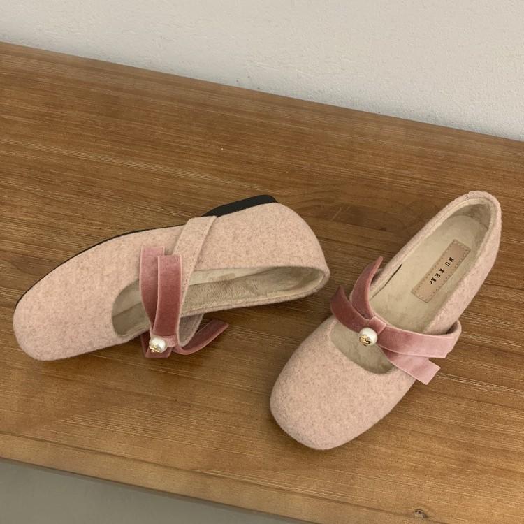 Fan Gui ~ zarter kleiner Duft von Mary Jane Schuhen Winter Retro Innenhöhe 4CM Schleife Perle Einzelner Schuh Frau