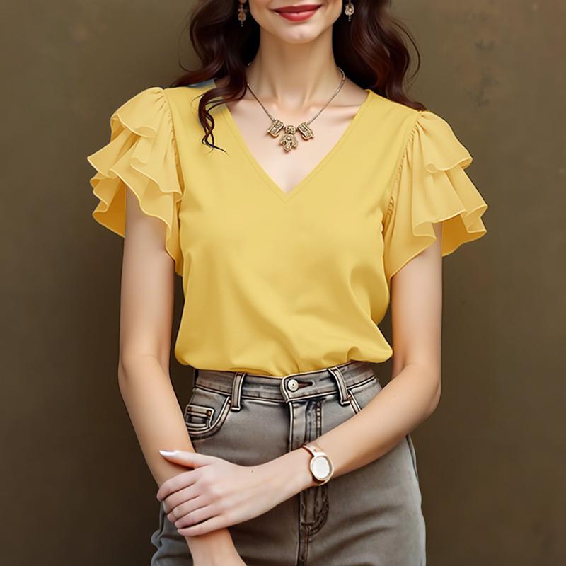 ZANZEA Dámská ležérní letní halenka s výstřihem do V, volánky a krátkým rukávem