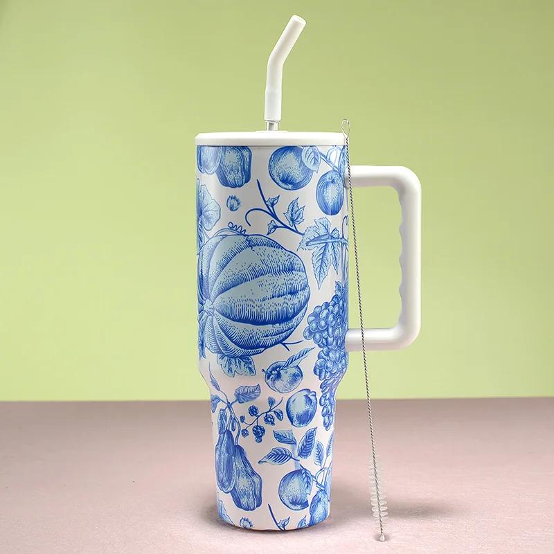 

Термос из нержавеющей стали 40 унций большой емкости для холодной воды для горячего кофе в машину, портативный термос с трубочкой, чашка для спортзала, термобутылка для воды 40oz