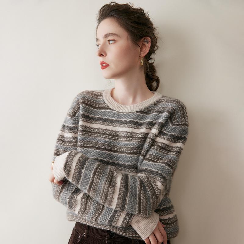 Retro kašmírový svetr Fair Isle pro ženy, Zesílený, Kulatý výstřih, Volný úpletový top
