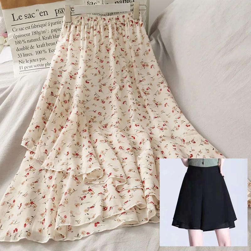 

Летняя женская юбка из шифона средней длины А-силуэта с цветочным принтом и неровным краем с оборками 3XL