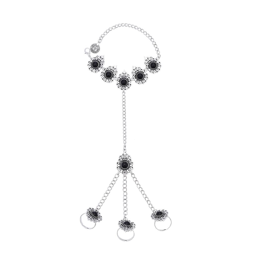 Vintage Silvery Long Chains Finger Pulling Bracelet Alloy Carving Flower Round Acrylic Gem Boho Ethnic Women's Bracelet Jewelry