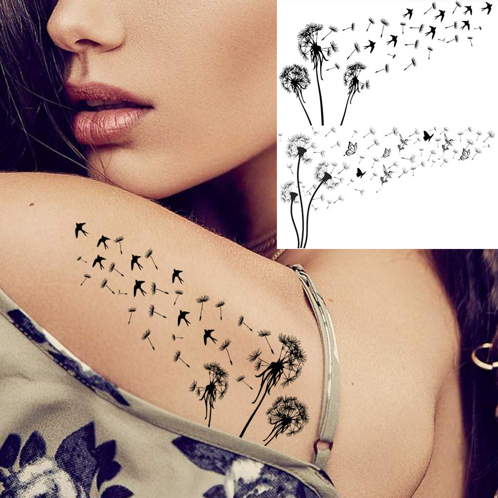 13 Sheets Black Dandelion Temporary Tattoos For Women Men Realistic Tattoos Sticker Fake Flying Birds Butterfly Flower Tatoos Paper Decoration
