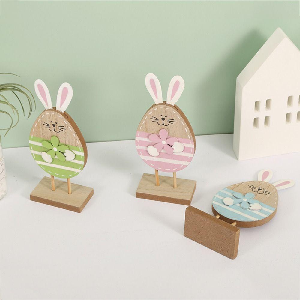 

3D Wooden Eggs Ornaments Cartoon Easter Rabbit Model Hand-painted Rabbit Ornaments Home Decor