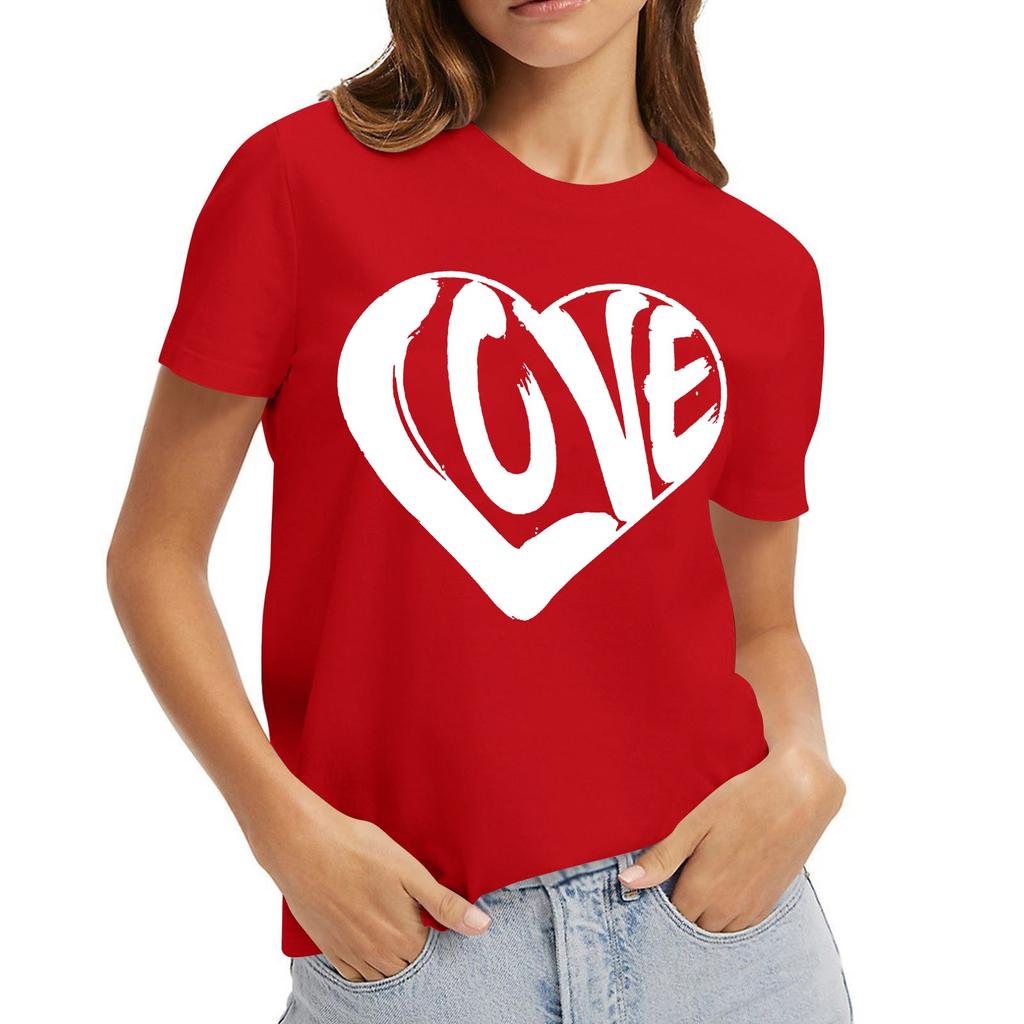 Women's Casual Valentine's Day Printed Short Sleeved Loose Round Neck Pullover Top Top