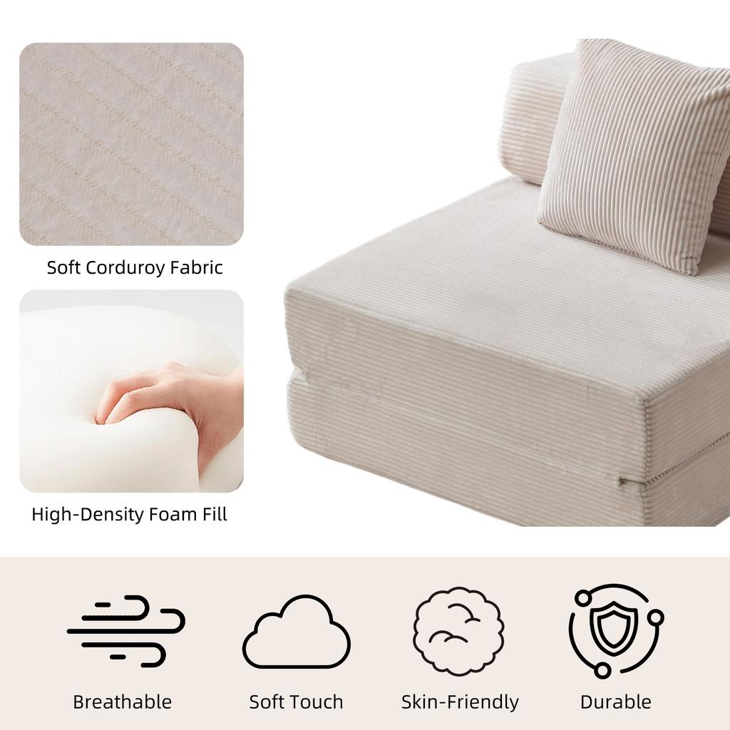 Floor Couch,Compression Sofa,Convertible Sofa Bed-with Pillow Back Support Armrest,Corduroy Fabric,for Living Room Bedroom,White
