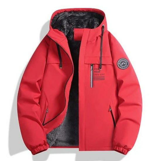 Men's Outdoor Windbreaker Jacket - Fleece Lined Hooded Coat for Autumn/Winter, Solid Color