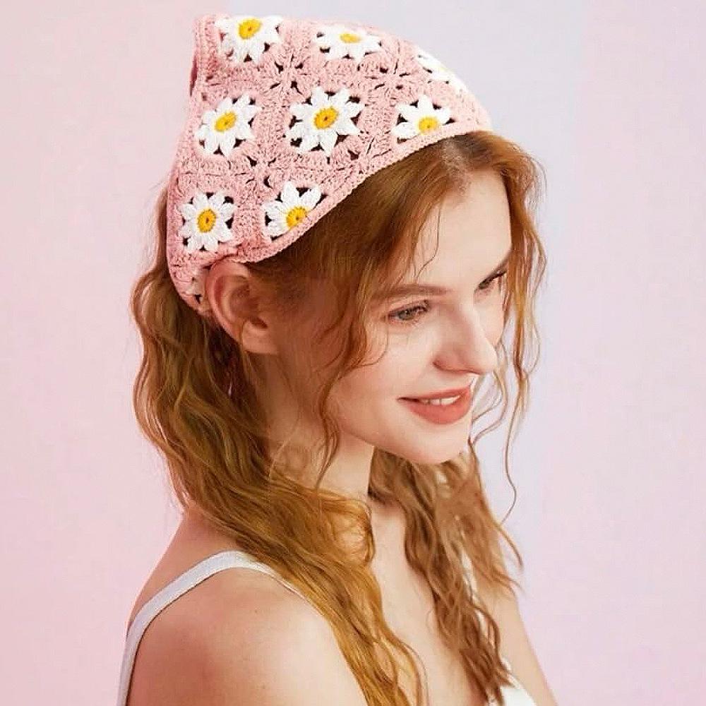 Fashion Knitted Headscarf Hat French Pastoral Style Triangle Headband Handmade Crochet Headband Towel Little Flower Headscarf