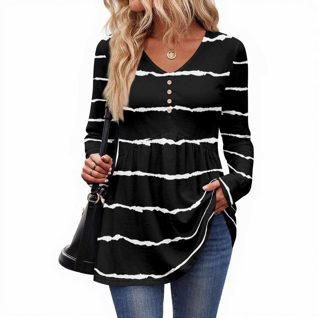 Women's Casual Fashion V-Neck Button Striped Long Sleeve Top