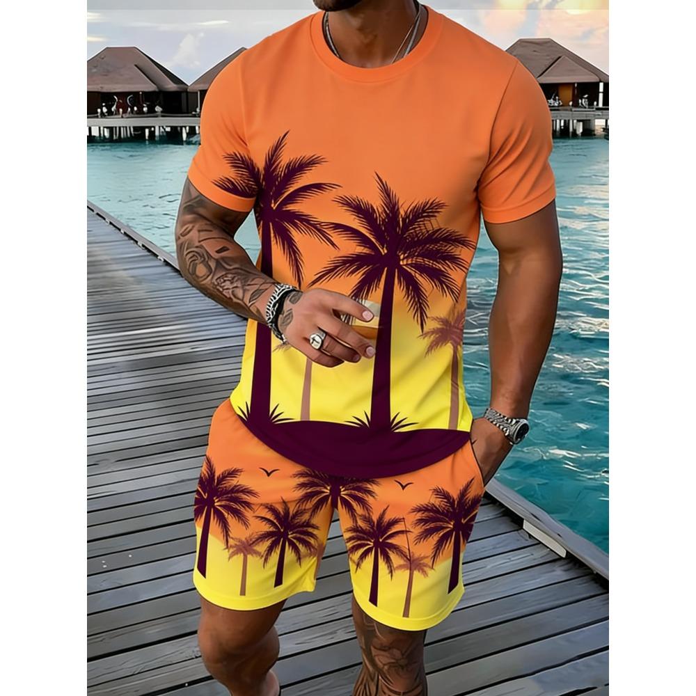 Popular Coconut Tree Printed T-shirt Sets Hawaii Style Tee Shorts Outfits Summer Vacation Two-piece Sets Hot Sell Men's Clothing
