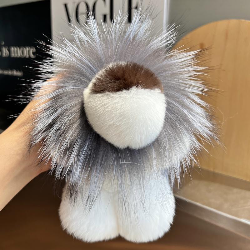 Cute Lion Real Rex Rabbit Fur Keychain Plush Toys Trinkets Women Bag Ornaments Pendant Car Keyring Rearview Mirror Decoration
