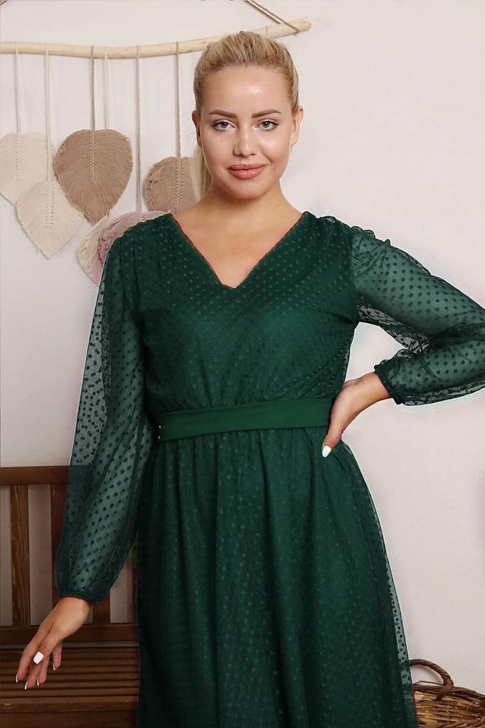 Women's Big Size Dress Green Lined Polka Dot Tulle Plus Size Belted Dress