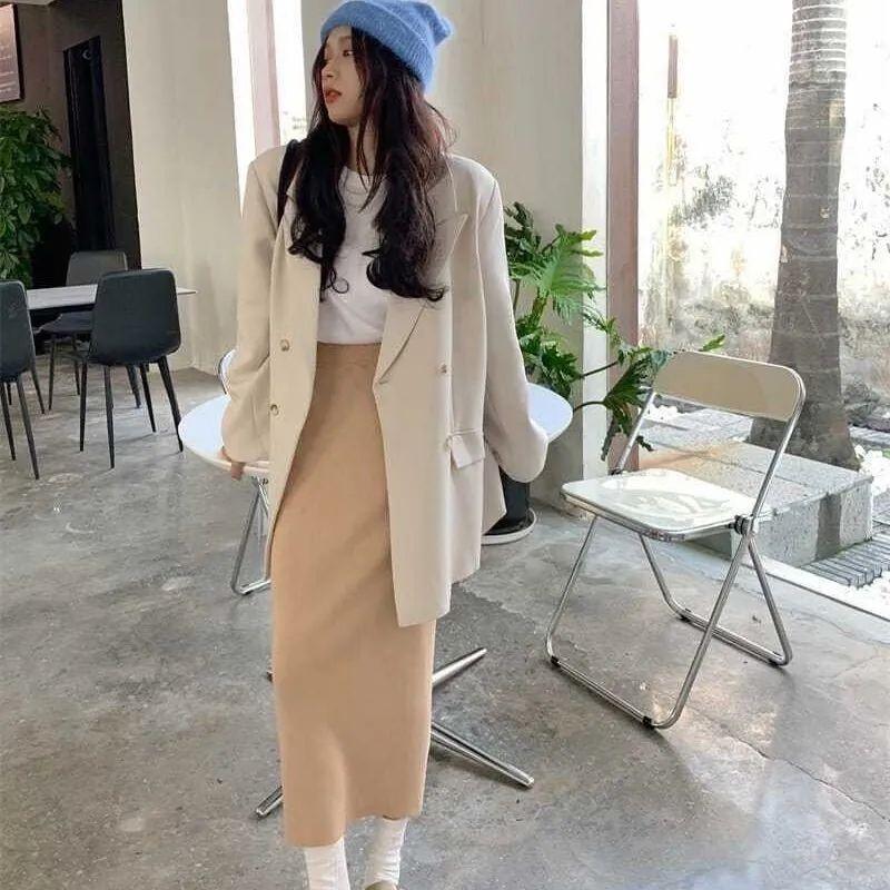 Falda Midi Tejida para Mujer Estilo Coreano 80cm Otoño Invierno Cintura Alta Ajustada Elegante Sin Abertura Falda Bodycon