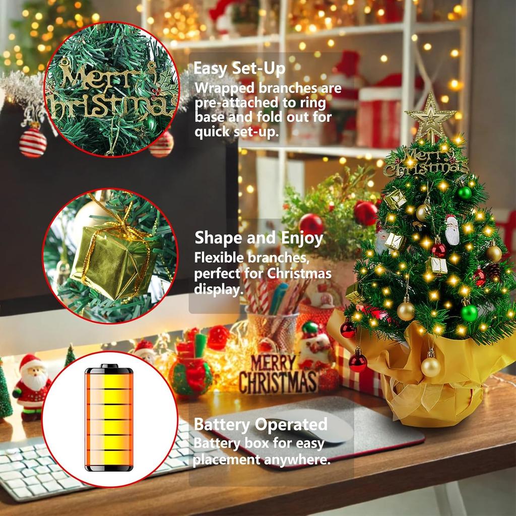23-Inch Mini Christmas Tree with Lights, Star Topper & Ornaments for Desk or Office Holiday Decor