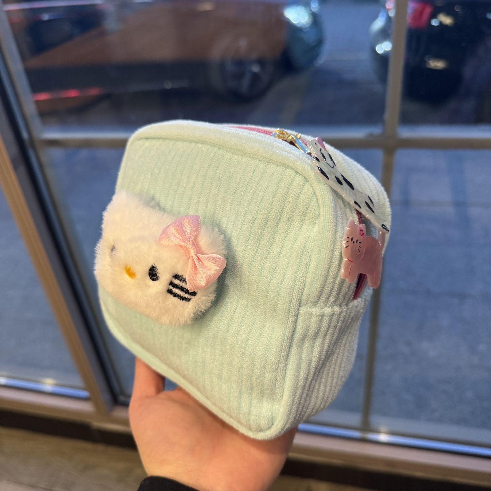 

Mint green three-dimensional kitty corduroy cute cosmetic bag lipstick large capacity portable storage aunt naked bag мятный зеленый