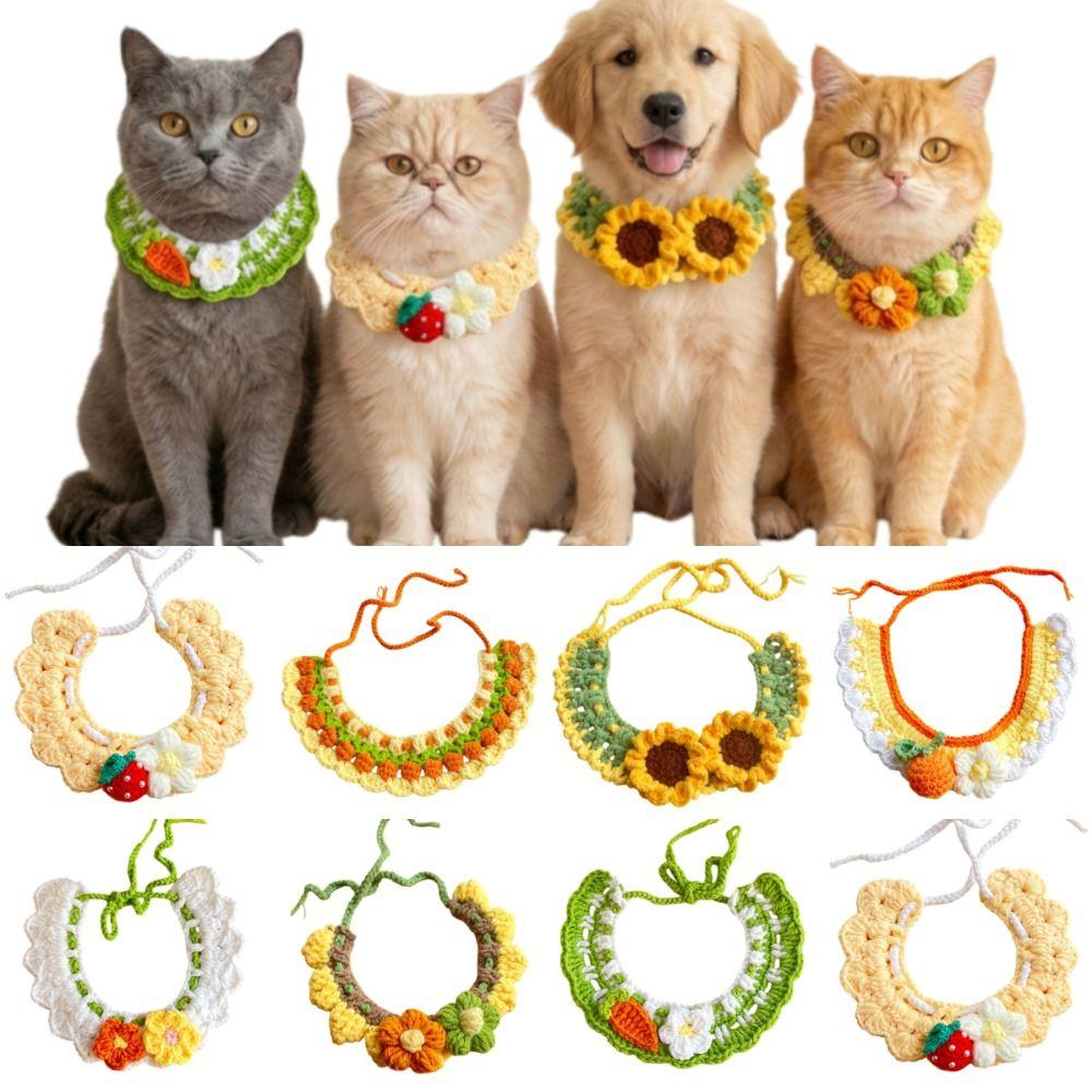 Cute Hand-Weaven Elastic Pet Scarf Adjustable Lightweight Cat Dog Bow Tie Plant Theme Sweet Style Knitted Pet Collar Pet Gifts