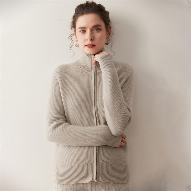 Lekasha Cashmere 2026 Stand-up Collar Women's Double Zipper Cardigan Coat