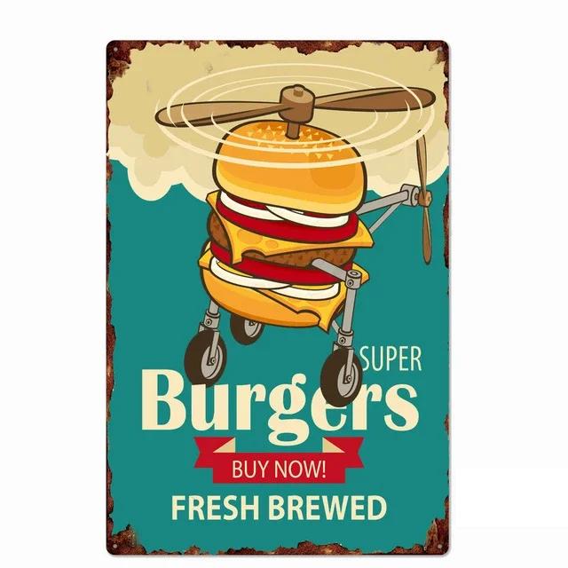 

Delicious Hamburger Food Signs Metal Plaques Barbecue Kitchen Restaurant Shop Tin Sign Decorative Posters Retro Iron Painting 20x30cm