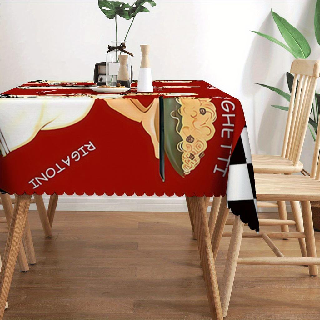 Retro Italian Chef Tablecloth, Red Background with Spaghetti & Wine Print, Scalloped Edge, Stain Resistant, for Kitchen & Dining