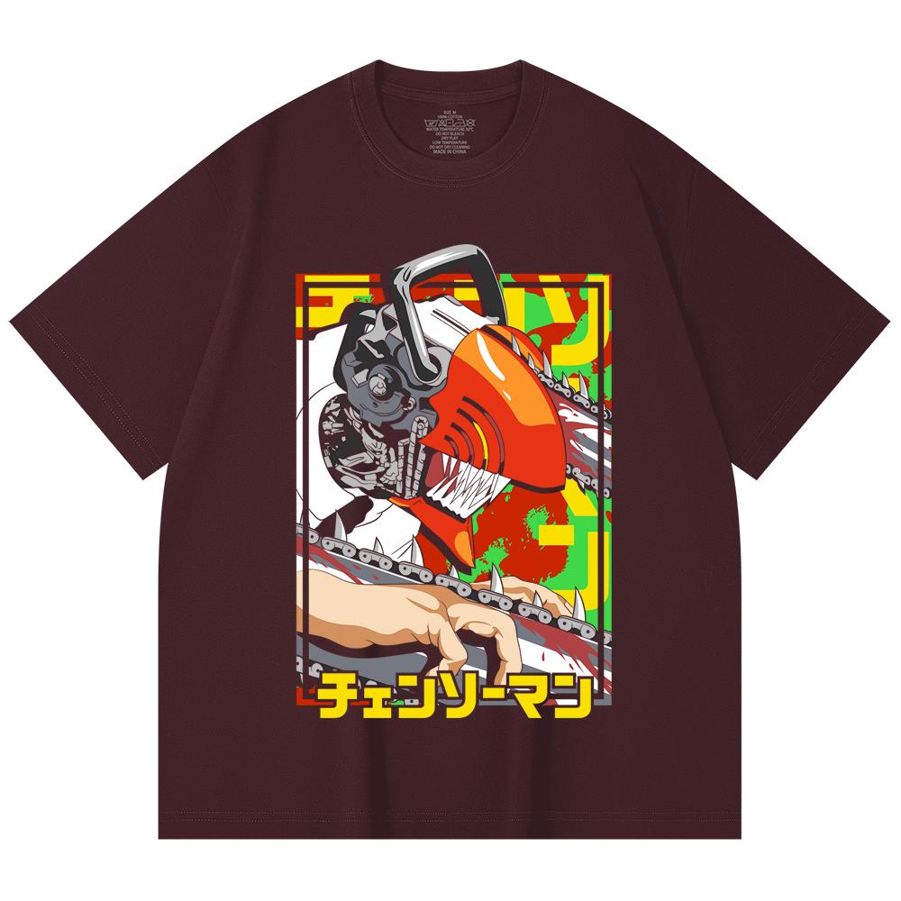

230 Gsm 100% Cotton Chainsaw Man V5 Denji Print Unisex Heavy Cotton T Shirt 2XL вина червоного кольору