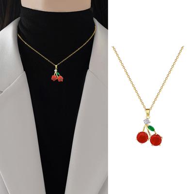 Elegant Zircon Cherry Pendant Necklace Unique Red Zircon Cherry Necklace Elegant Clavicle Chain for Fashion Enthusiasts