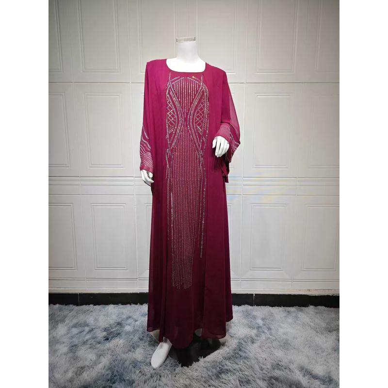 

New Arrival Middle East Saudi Arabia Diamond Robe Dress Loose Diamond Studded Dress Burgundy M