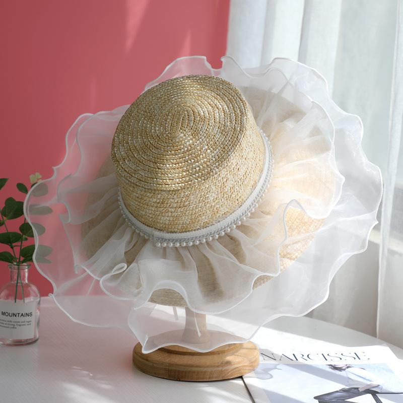 Summer Pearl Lace Mesh Hat Women's Straw Straw Hat Street Photography Styling Beach Hat Elegant Flat Top Hat