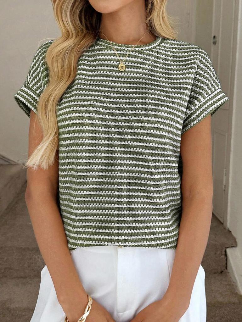 Summer New Women's Round Neck Pullover Two-color Knitted Short-sleeved Top