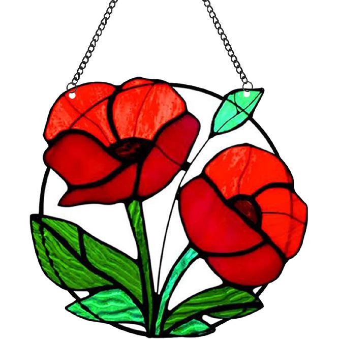 Red Flowers Stained Acrylic Window Hanging, Red Poppy Acrylic Window Decor Stained Panel Hangings Wall Art Decor for Easter All Seasons Home