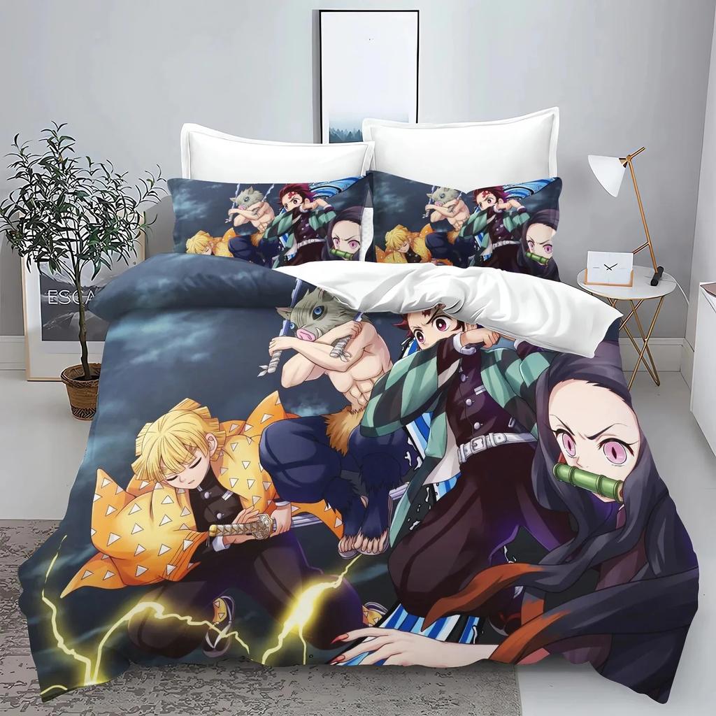 Demon Slayer Kimetsu no Yaiba kamado Nezuko Anime 100% Polyester Bettwäscheset Bettbezug-Set Gedruckte Cartoon Heimdekoration