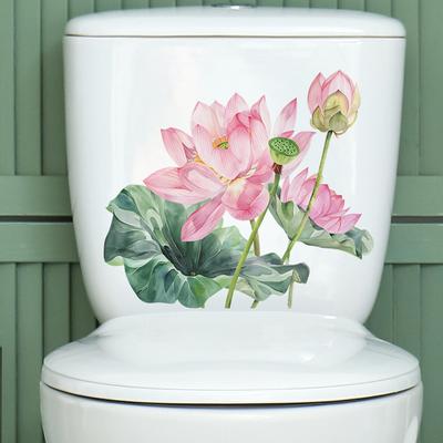 Summer Lotus Art Toilet Sticker Removable Self-adhesive Bathroom Waterproof PVC Living Room Flower Wall Floral Toilet Lid Decoration
