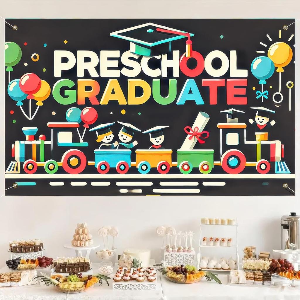 Preschool Graduation Banner Outdoor Backdrop Graduation Decorations 71x43 Inches 2025 Congrats Grad Banner with Balloons Train Ideal for Preschool