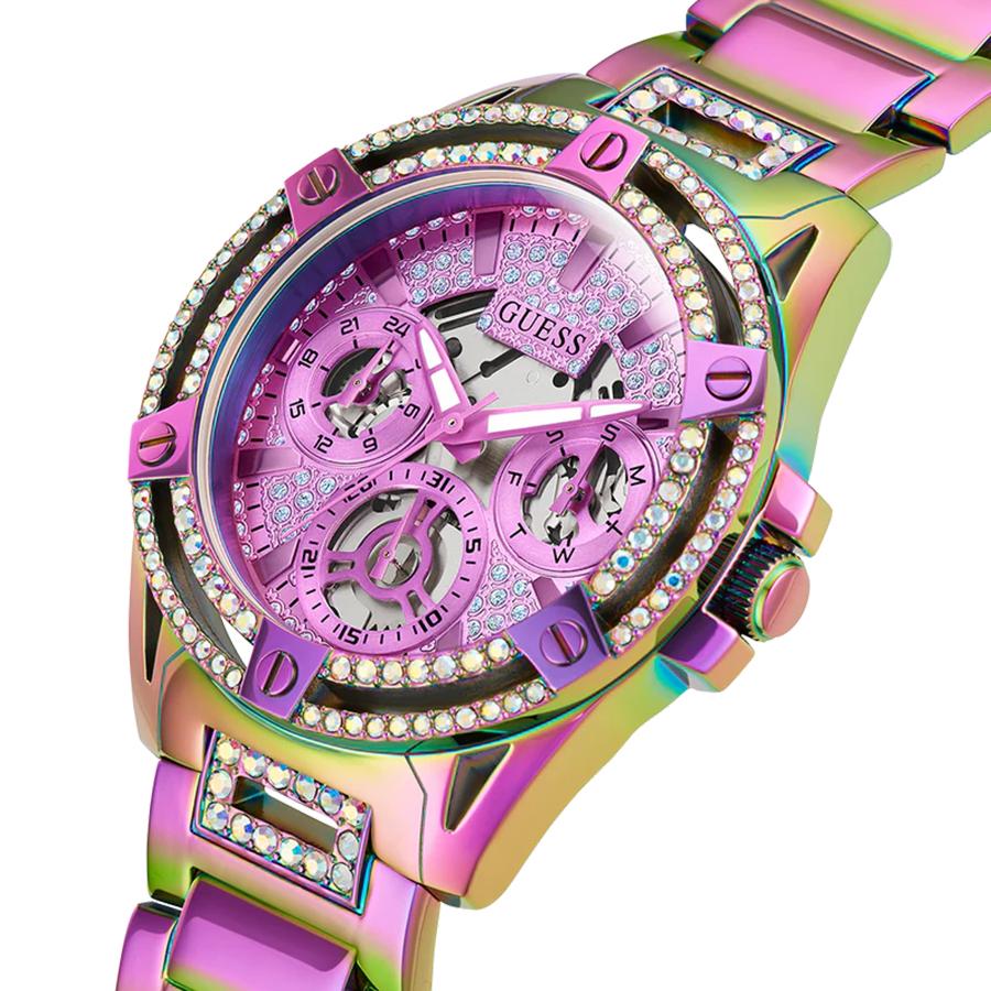 Guess Crystal Queen Series Ladies Quartz Watch - Hollowed-out Dial, Stainless Steel Body, 40mm Diameter-GW0464L4