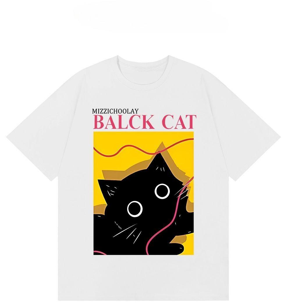 

Doodle Black Cat Print Shortsleeved Tshirt Suitable for Both Men Women Casual and Hiphop Style Versatile for All Occasions 2XL