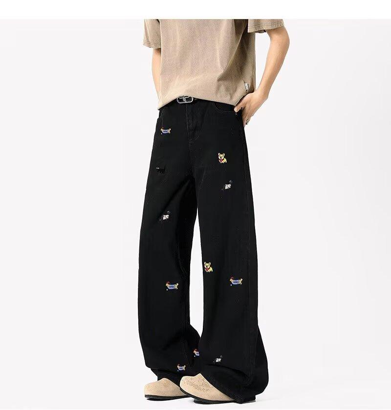 

Американська такса собака вишиті джинси чоловічі літні нові модні бренд прямі вільні випрані мікро-хай-стріт довгі штани M чорний