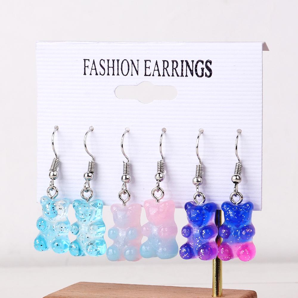 3 Pairs/Set Candy Color Acrylic Gummy Bear Drop Earrings for Women Korean Transparent Resin Jelly Bears Earring Sets Y2k Jewelry