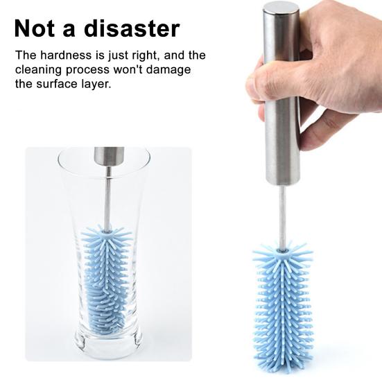 Silicone Bottle Brush with Stainless Steel Long Handle Press-Rotating Design Soft Bristle Cup Brush