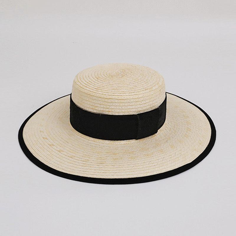 

New Vintage Sunflower Grass Handmade Black Ribbon Flat Top Peaked Cap For Women Summer Fashion Holiday Sun Hat High Quality 54-58cm