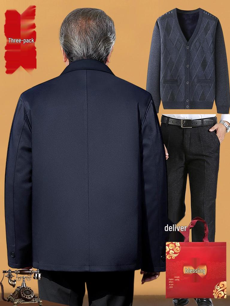 Elderly Men's Winter Fleece-Lined Cotton Jacket, Short Style for Ages 50-70